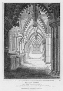 Roslyn Chapel, uitzicht op de altaren aan het oostelijke uiteinde, gegraveerd door Samuel Lacey, 1811